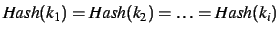 $\mathit{Hash}(k_1) = \mathit{Hash}(k_2) = \ldots =\mathit{Hash}(k_i)$